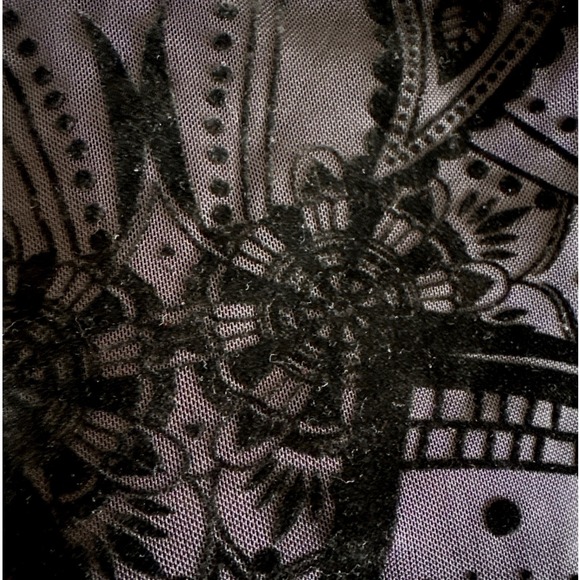 Sheer Off Shoulder Black Burnout Paisley Mesh Ruched Cowl Top XL Vampy Fairy - Picture 4 of 11